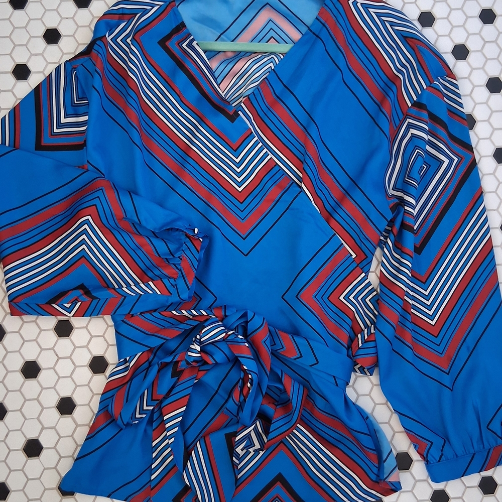 2X Wrap Blouse MOTF Blue and Rust Geometric Print